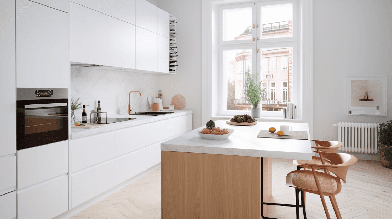 Renovated kitchen with white cabinetry and marble countertops
