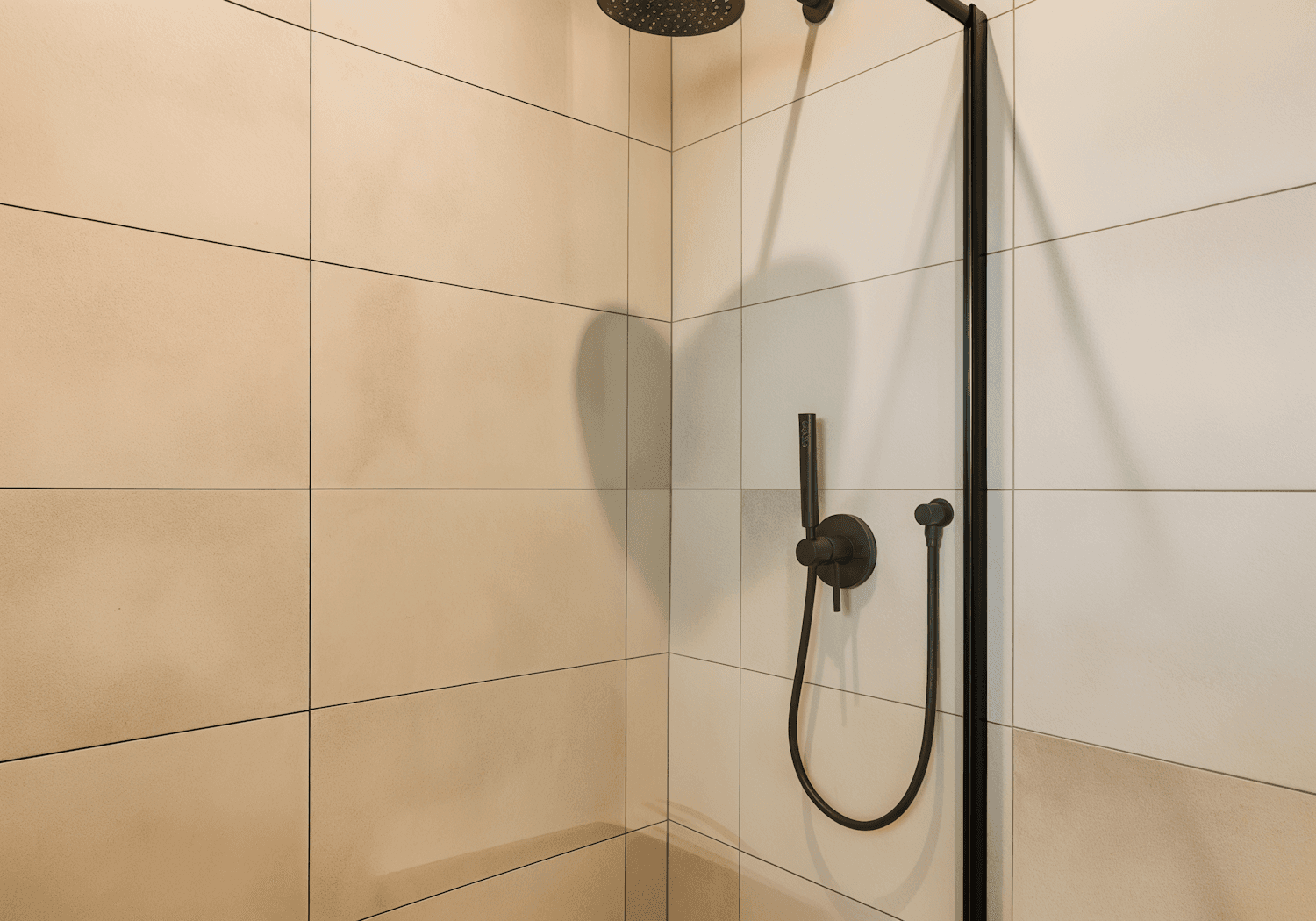 Modern walk in shower finished in large format beige tile with black fixtures