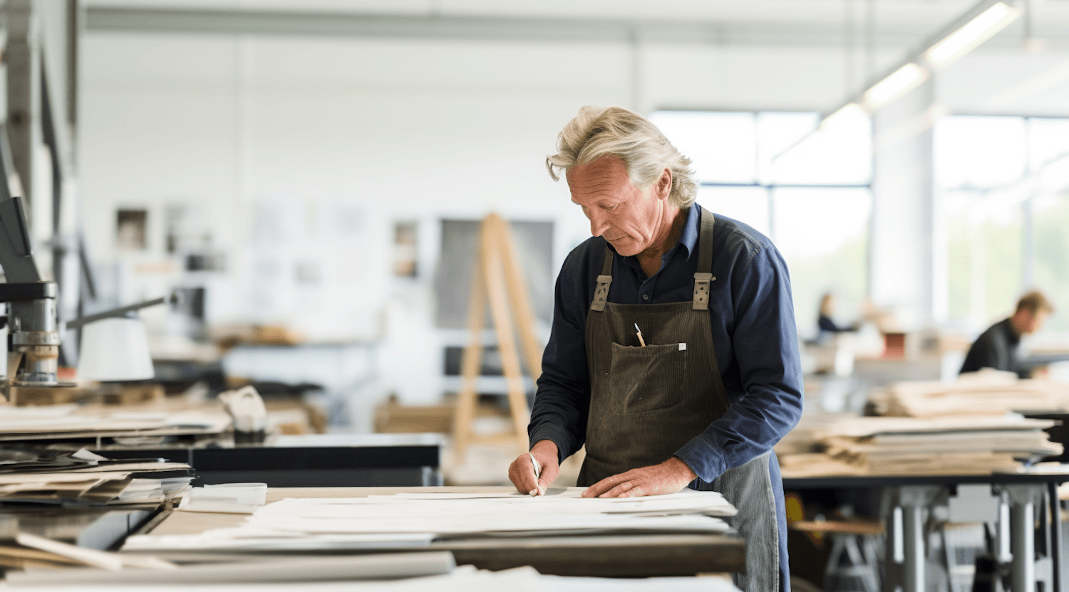 Tradesman working through project drawings and materials on a job site